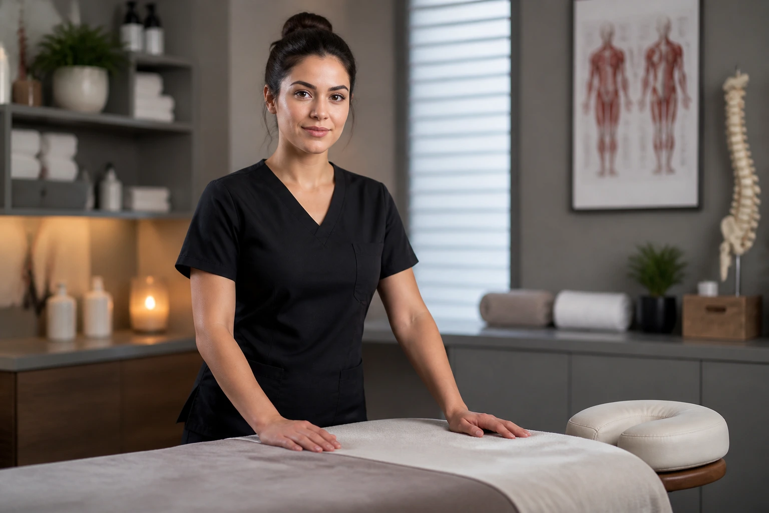 Massage therapist in a clinical room with hands on a table