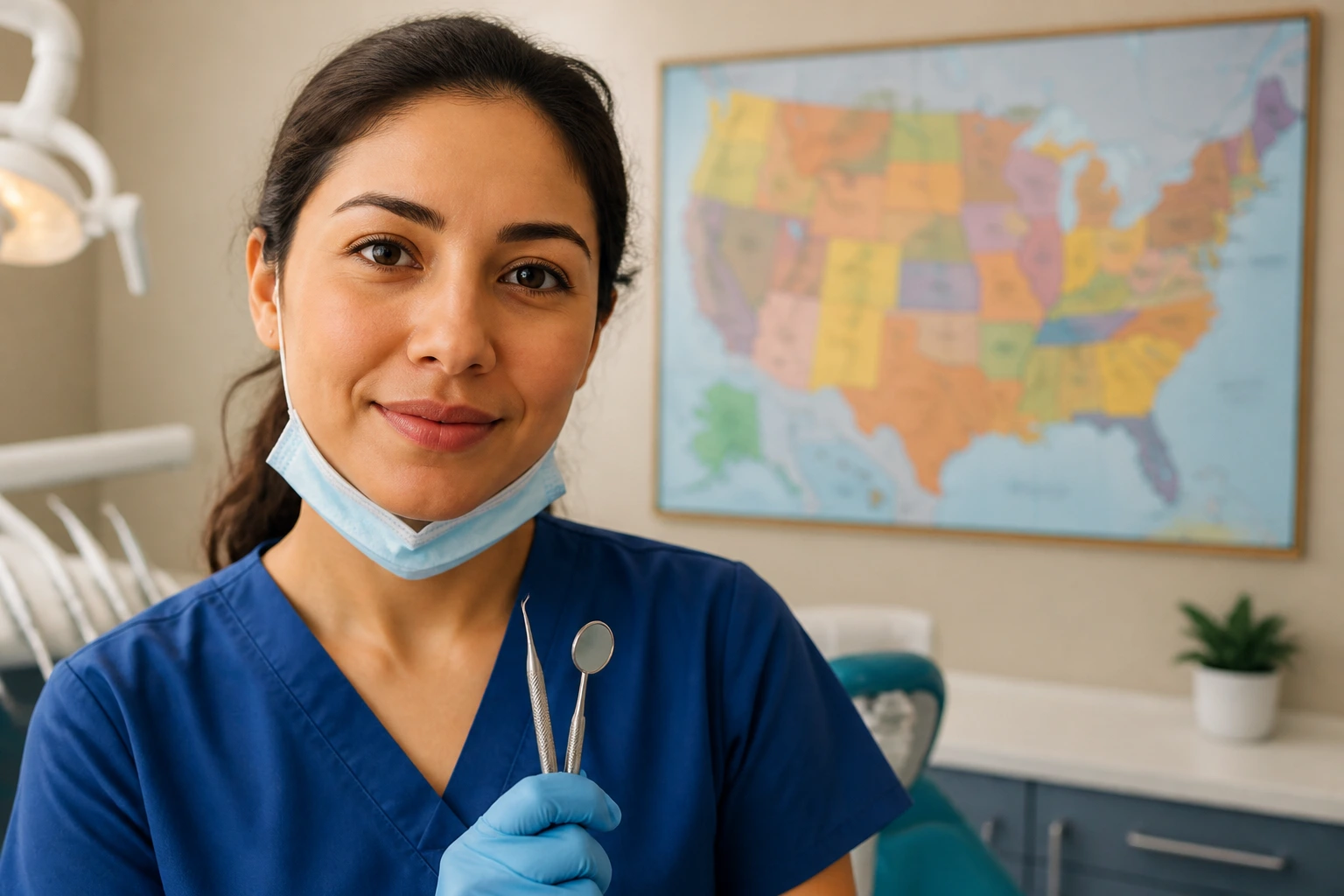Dental hygienist in clinic with map backdrop representing state licensure
