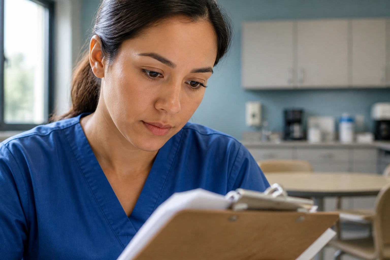 Close-up of a healthcare professional examining state regulatory rules on a clipboard in a clinic.