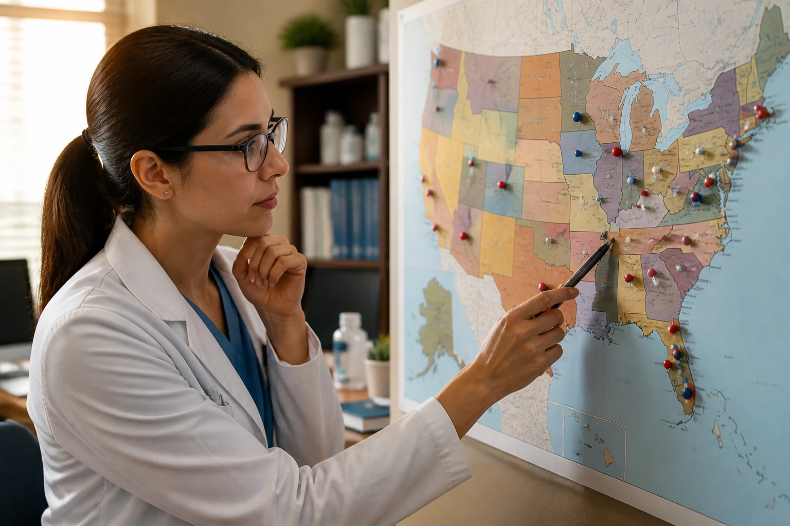 Pharmacist studying a map highlighting US metro areas