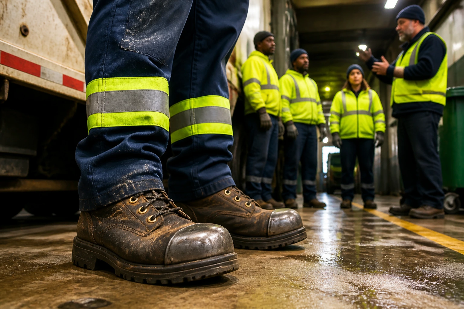 Close-up of steel-toe boots on a sanitation worker in a warehouse