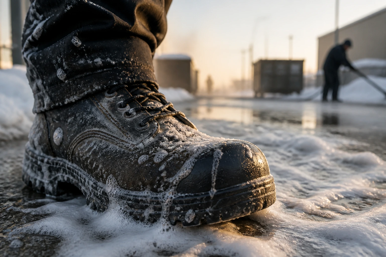 Close-up of steel-toe boot on icy ground in winter