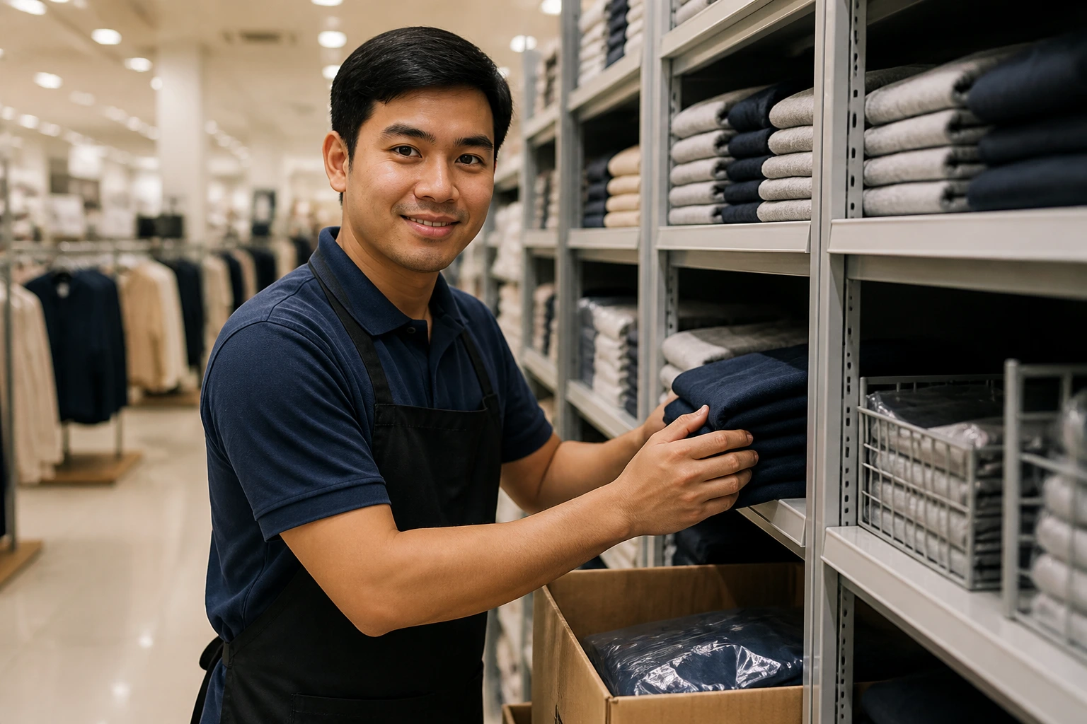 Stock replenishment worker by shelf in department store