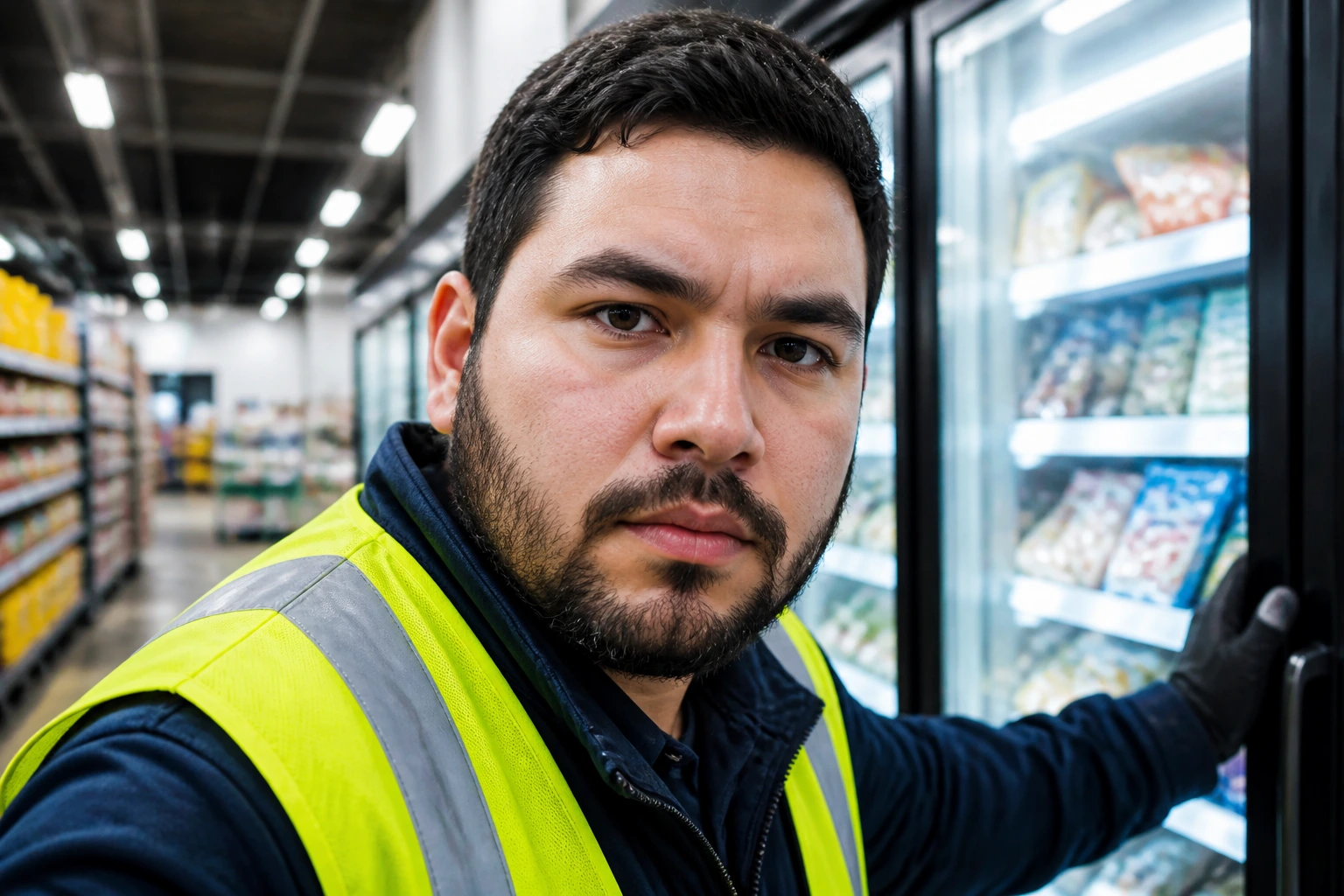 Stocker in safety vest on grocery floor with focused expression