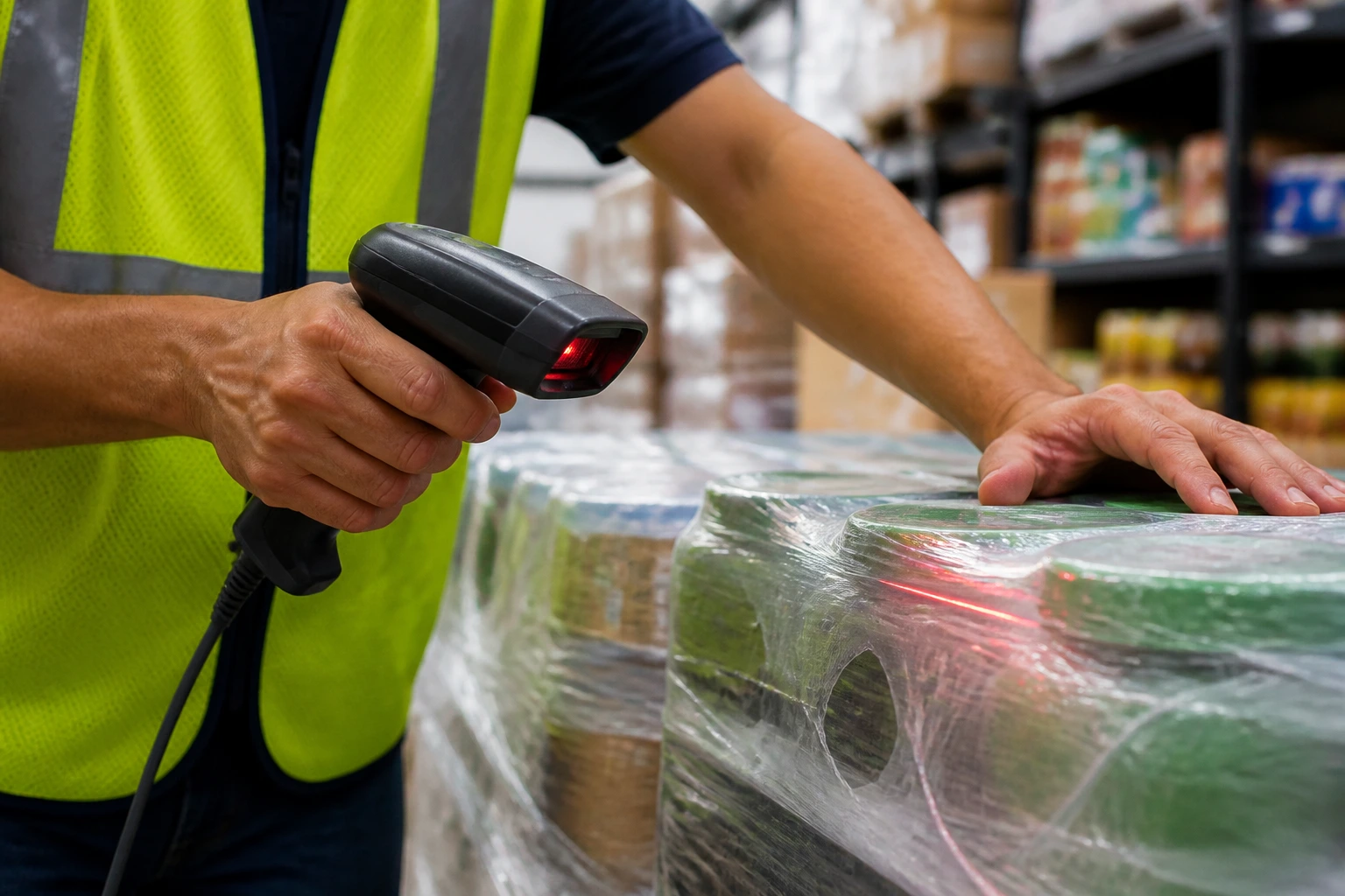 Stocker using a handheld scanner to log inventory