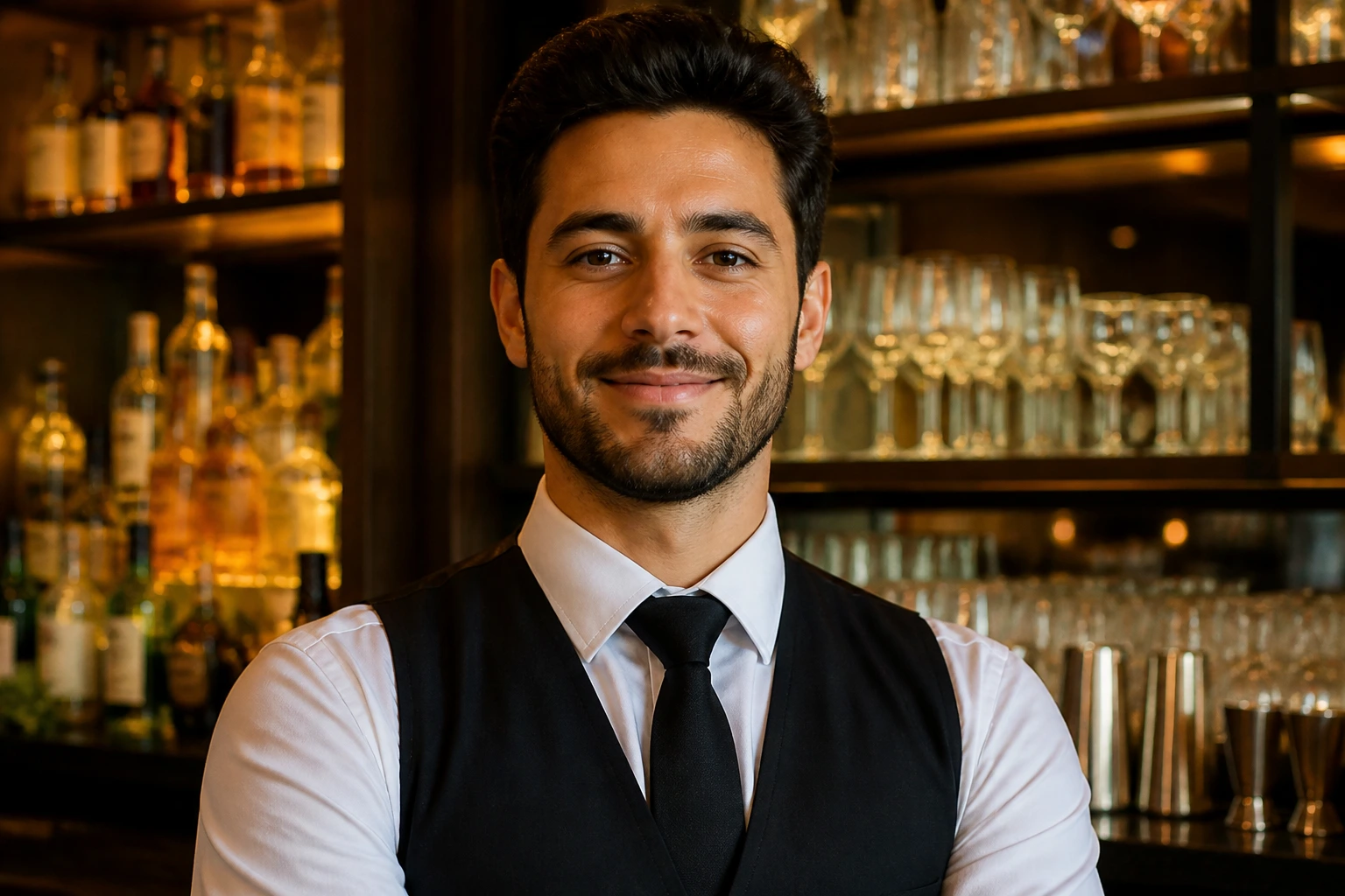 Confident bartender candidate in a bar setting, ready for an interview.