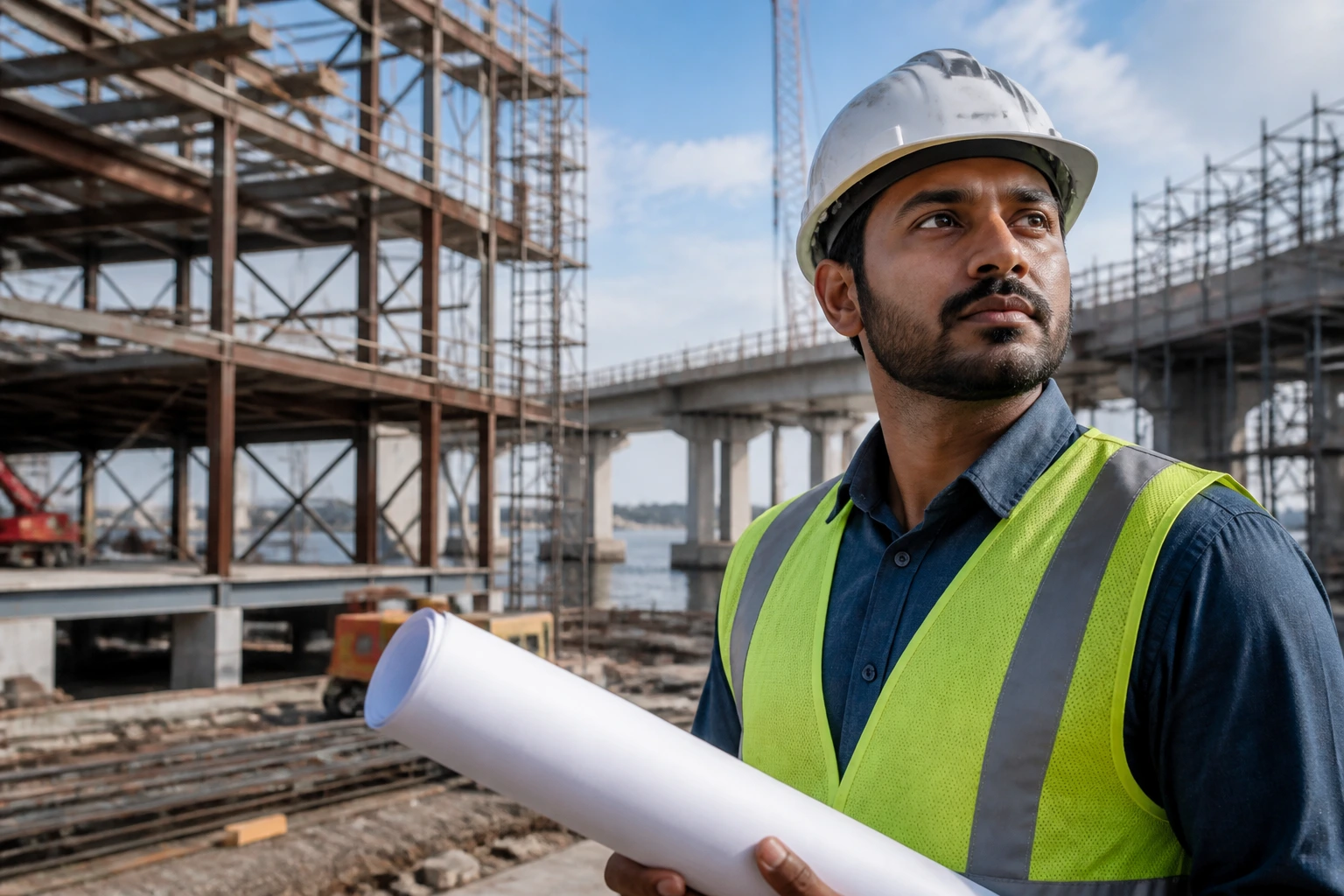 Close-up of engineer in safety gear at a construction site