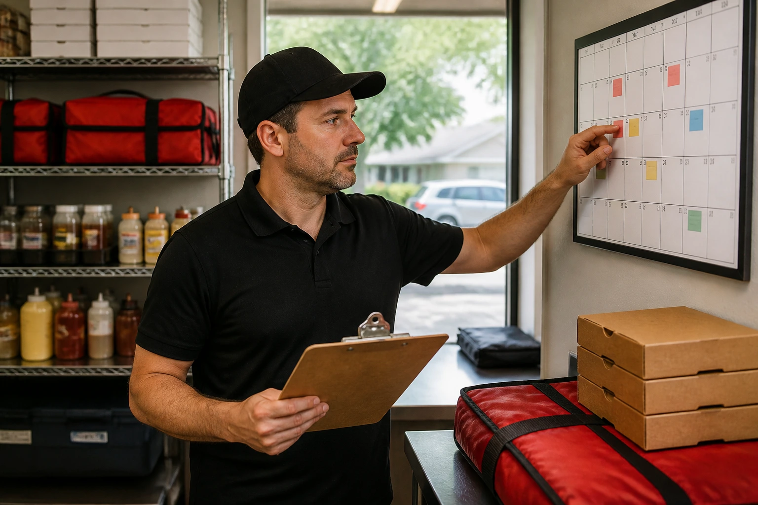 Manager examining calendar and clipboard in a suburban pizza shop