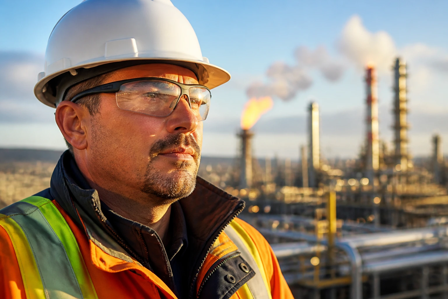 Seasoned petroleum engineer in hard hat at an oil facility