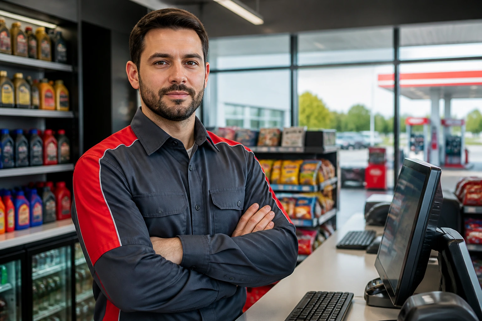 Petrol station worker in uniform at counter, contemplating career path