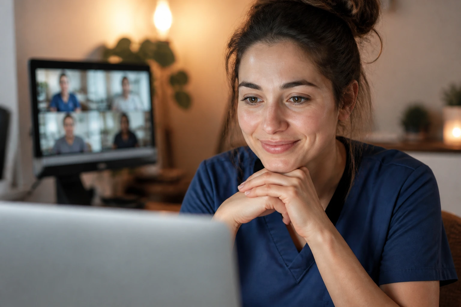 Midwife on video call in a home office for support network