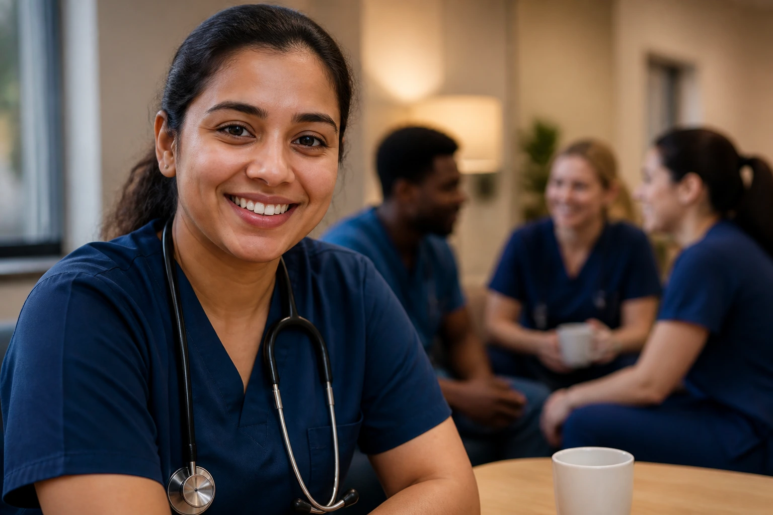 Close-up nurse portrait in a staff lounge with colleagues blurred in the background
