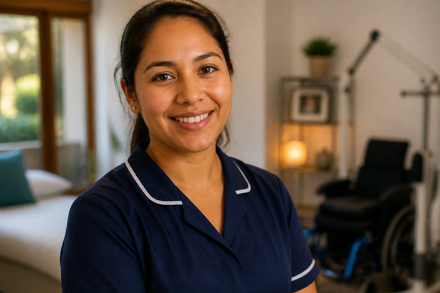 Portrait of a support worker in Australia in uniform at a care setting.
