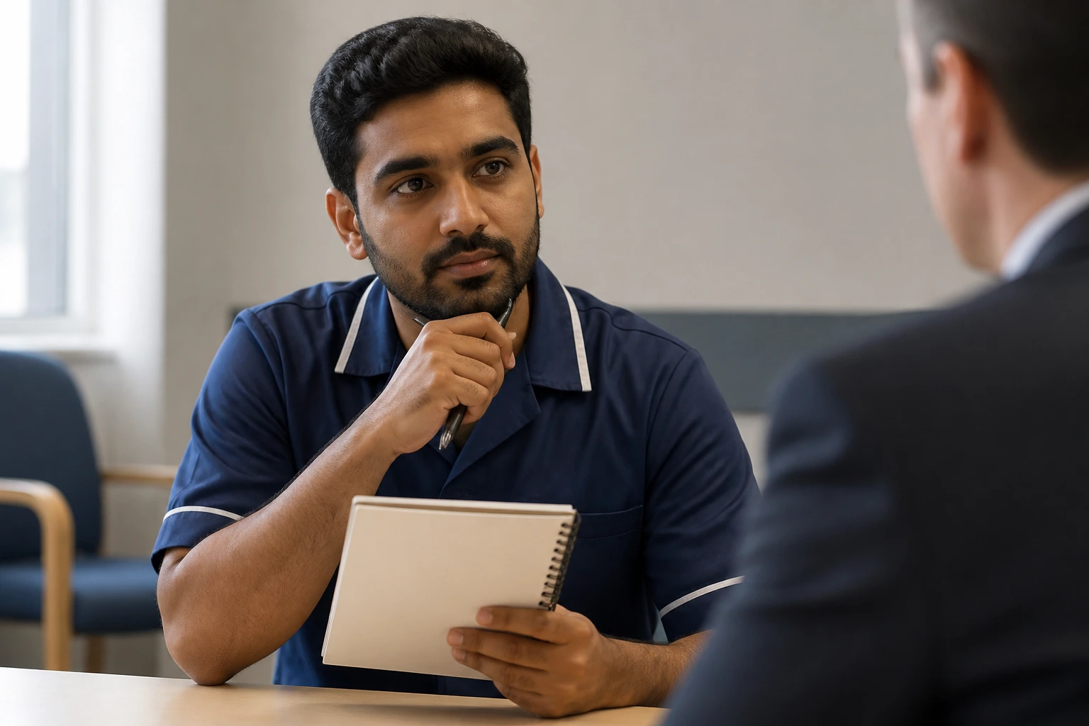 Applicant in interview room with notebook, reflecting on statement.