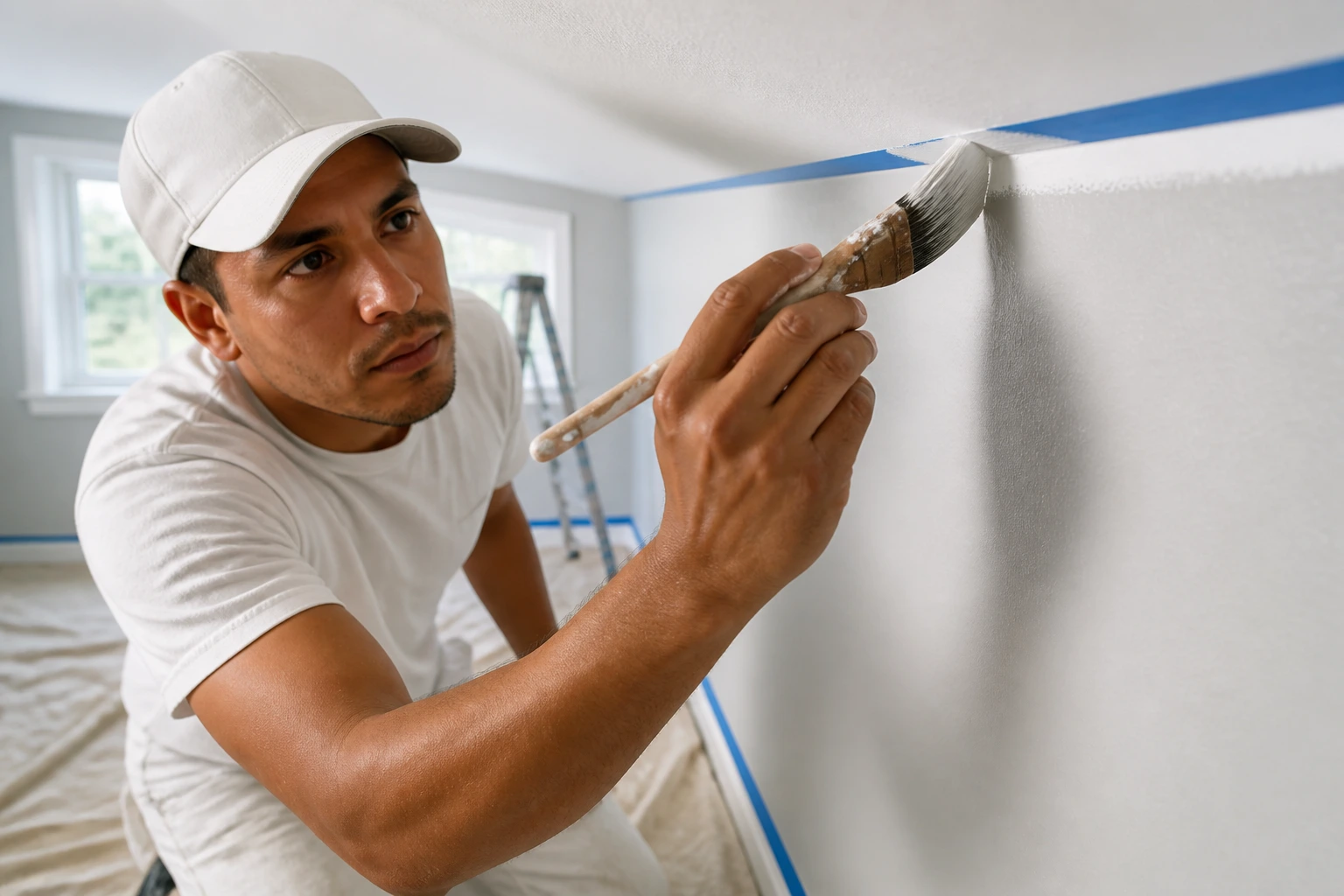 Close-up of cutting-in with a narrow brush along a ceiling edge.