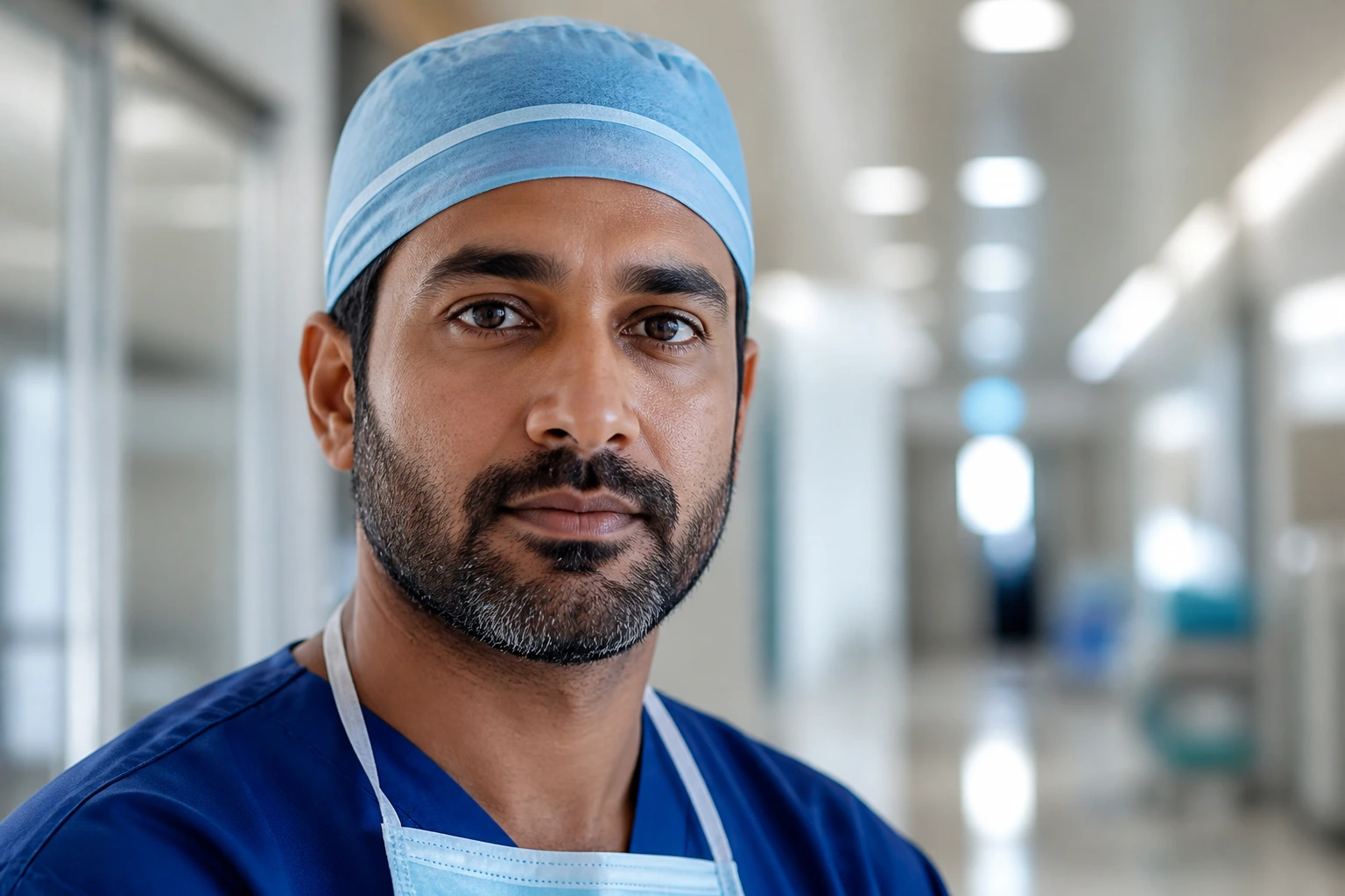 Close-up portrait of a surgeon in a hospital corridor