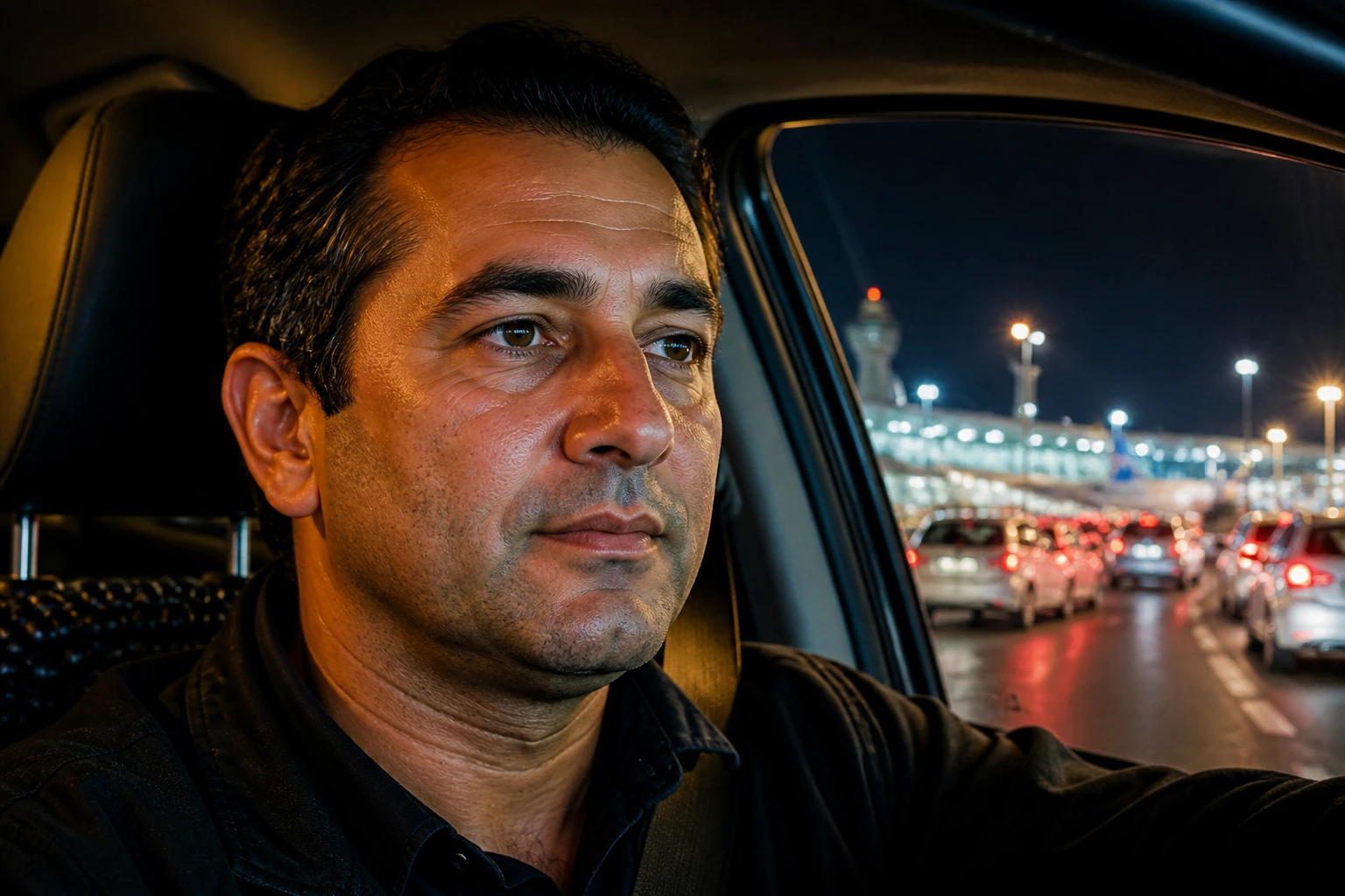 Close-up of a taxi driver at night with airport glow and queue-like lights in the background