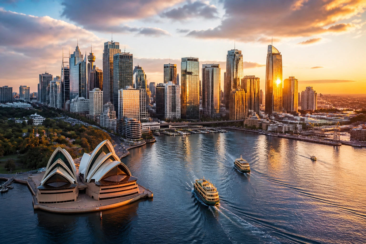 Sydney skyline at golden hour with harbor, dominating the frame.