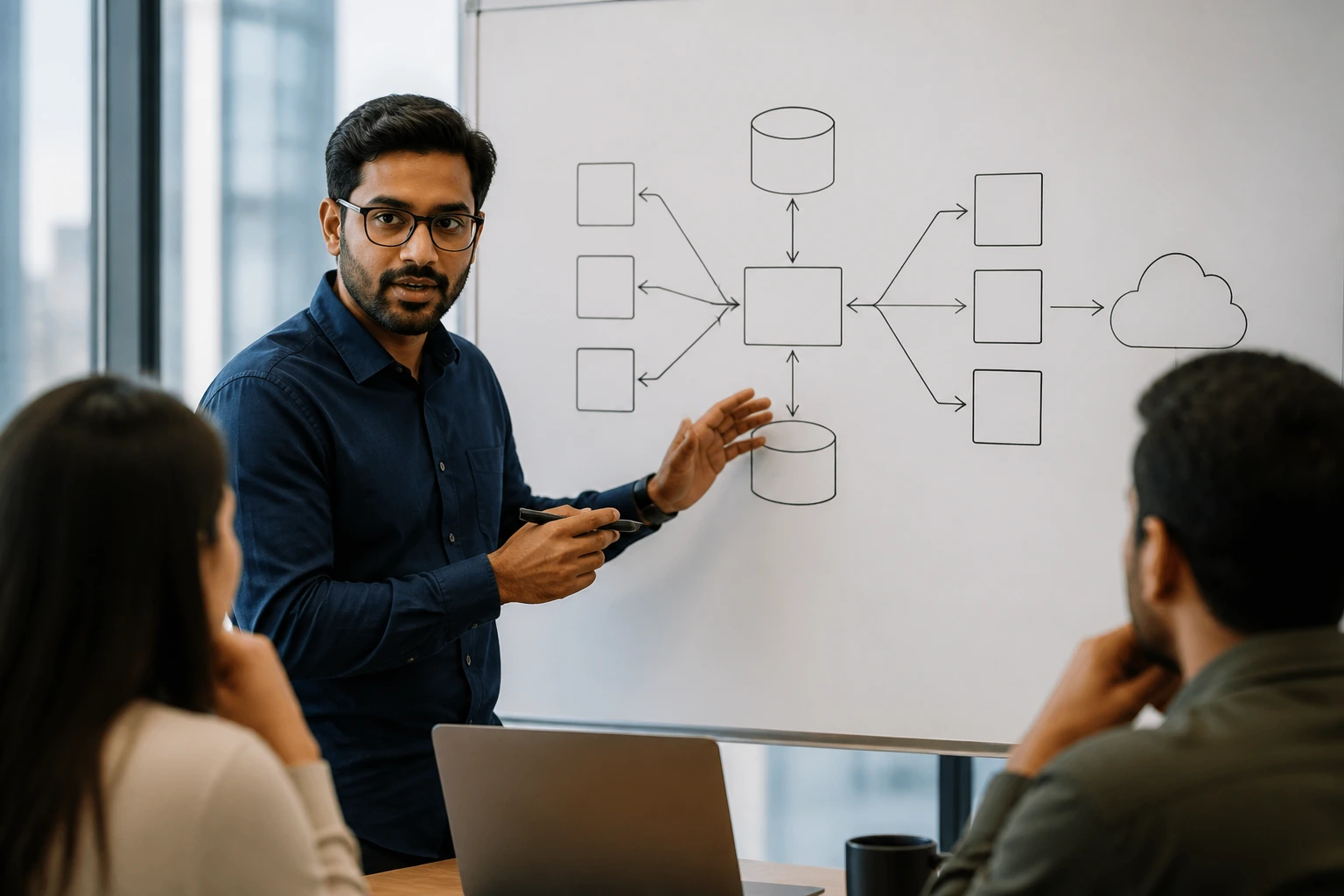 Engineer explaining a generic system design on a whiteboard during a meeting.