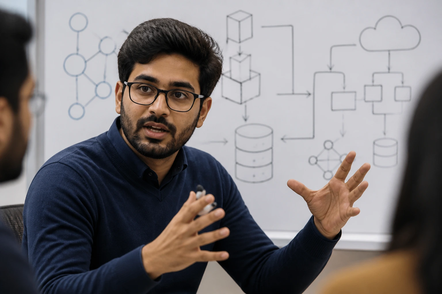 Portrait of a candidate explaining system design during a technical interview