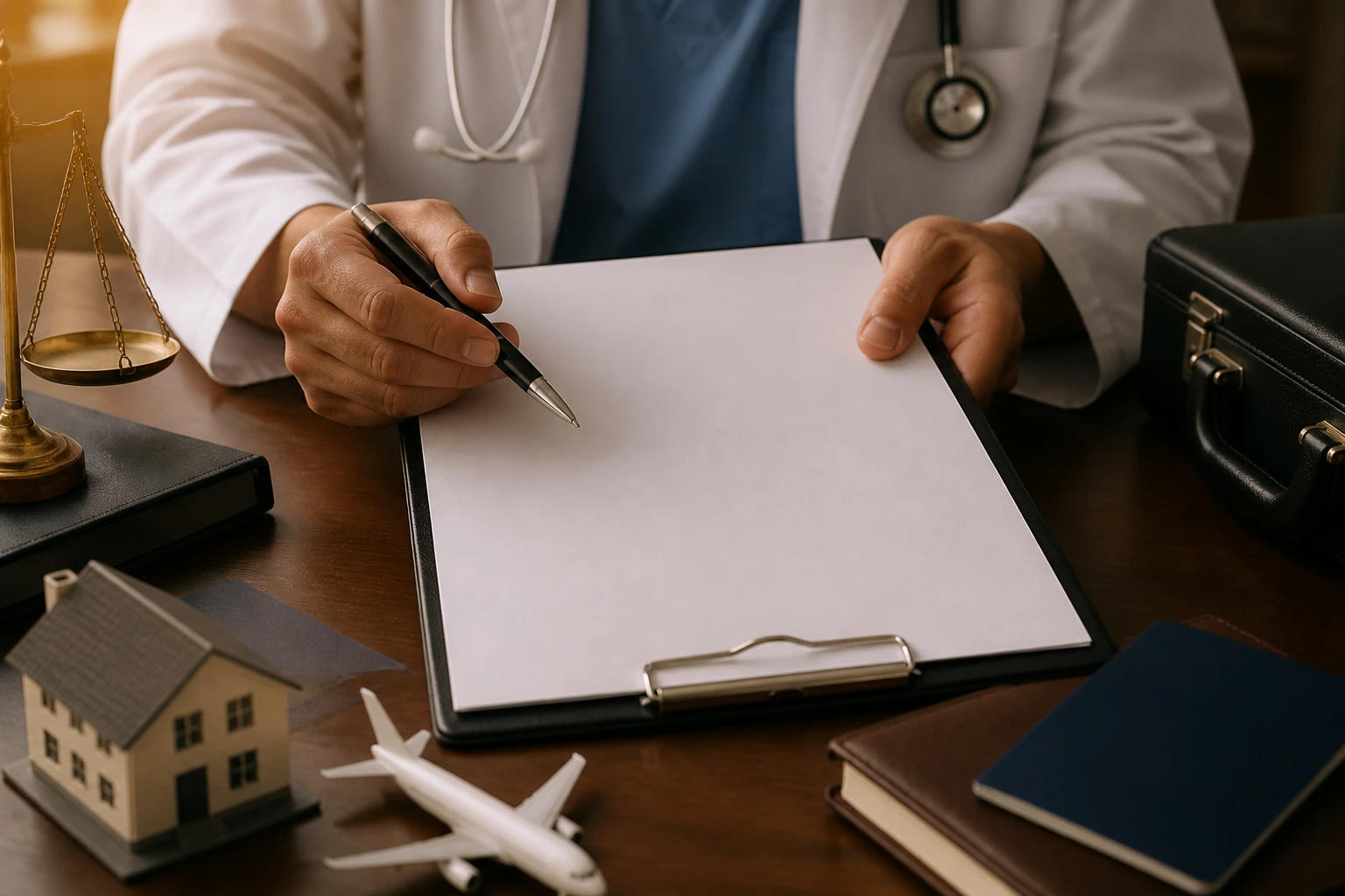 Surgeon reviewing a blank contract on a desk in an office