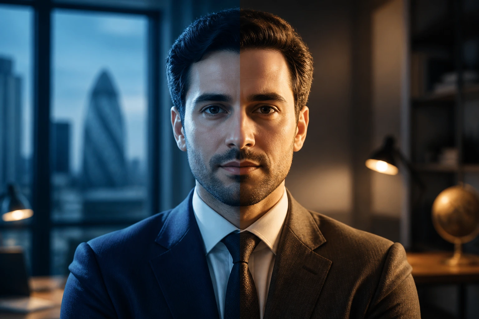 Portrait with split lighting symbolizing talent versus promise