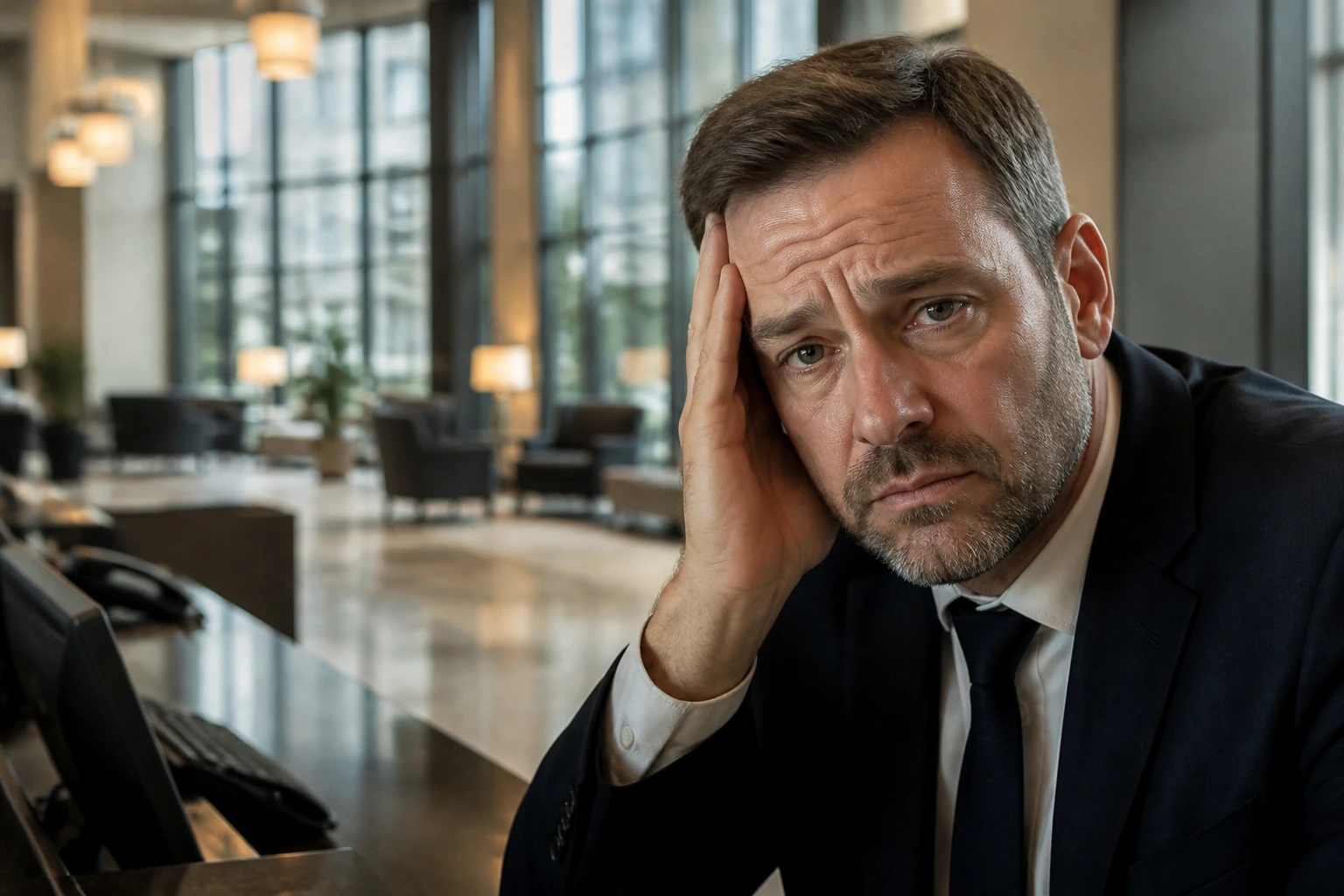 Close-up portrait of a weary hotel front-desk manager in a near-empty lobby illustrating UK hospitality talent shortage