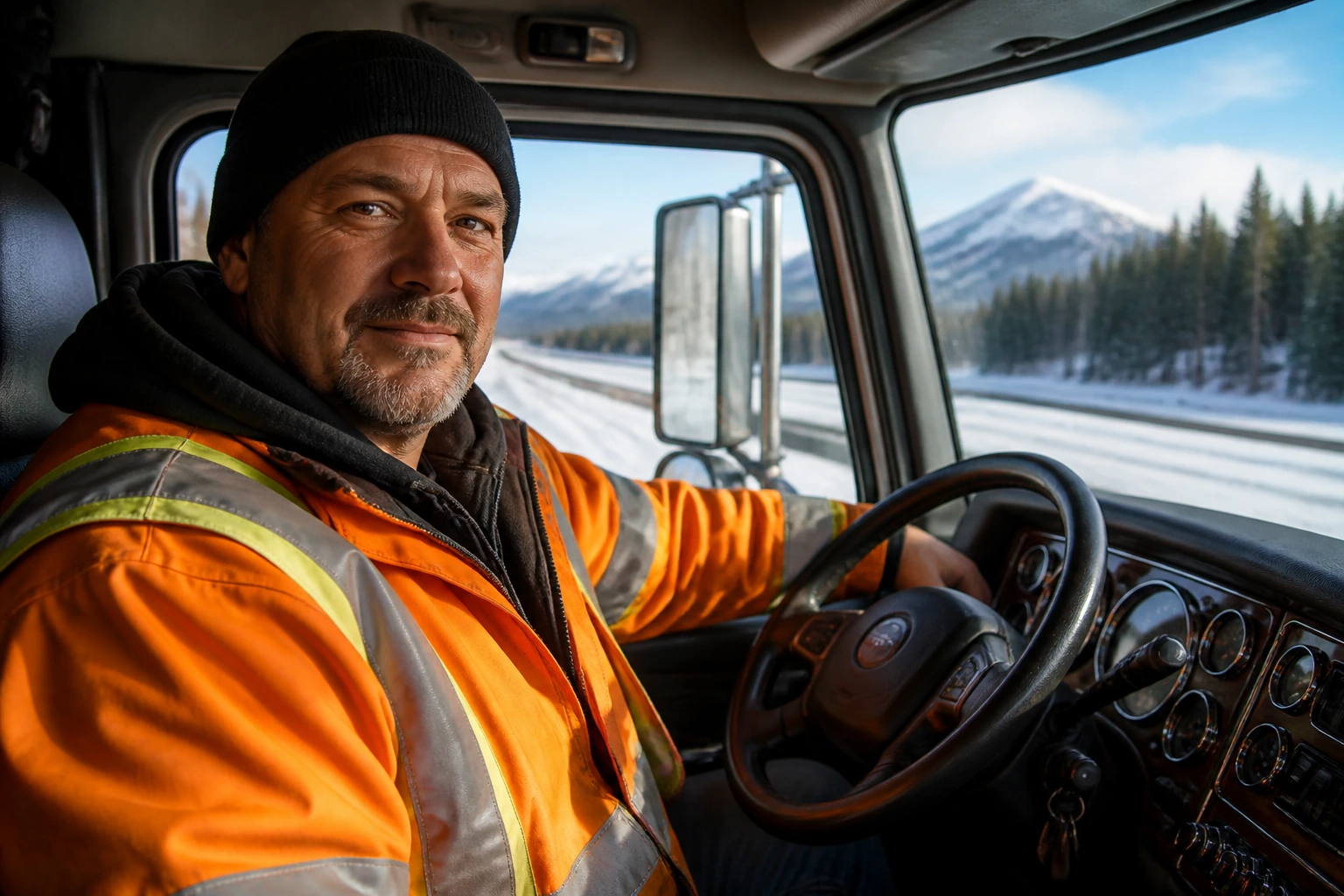 Close-up portrait of a tanker truck driver in a Canadian truck cab for long-term professional perspective.
