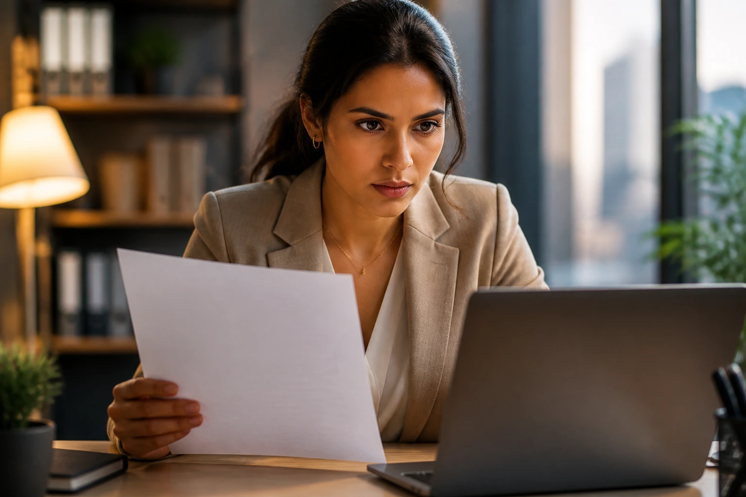 Portrait of a focused professional at a desk, single resume on screen