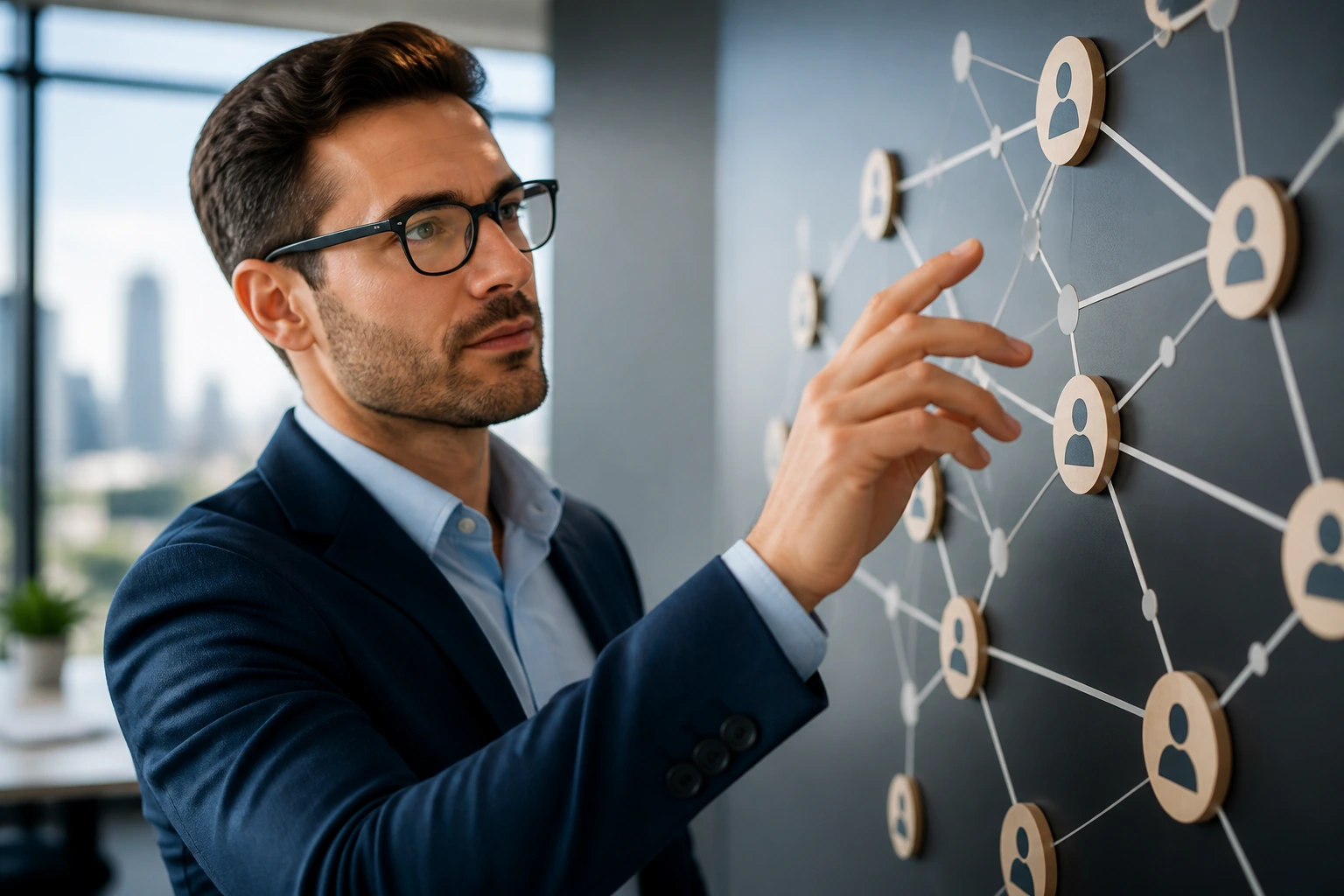 Broker identifying target firms on network board in modern office