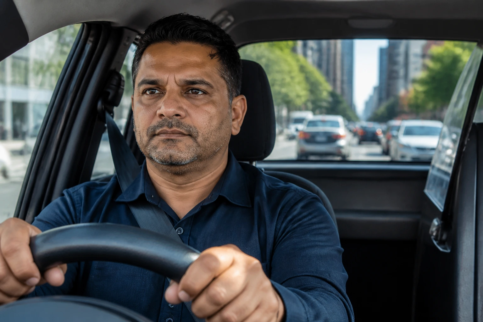 Close-up portrait of an Australian taxi driver behind the wheel with city traffic outside