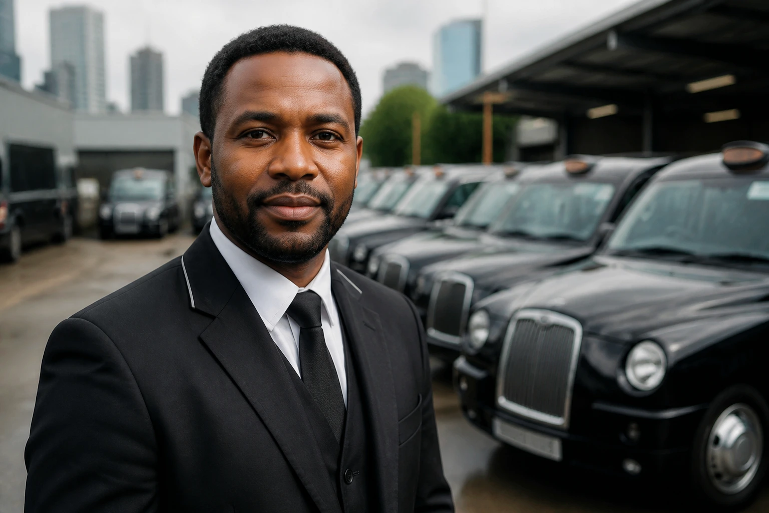 Portrait of a professional taxi driver in uniform at a UK transport depot, foreground as the focal subject.