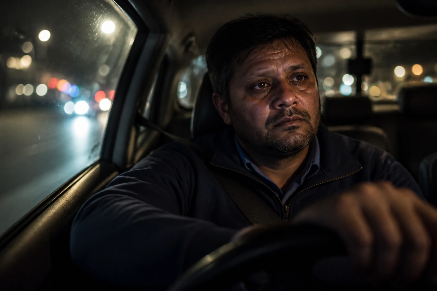 Tired taxi driver portrait inside car highlighting fatigue and stress of long shifts