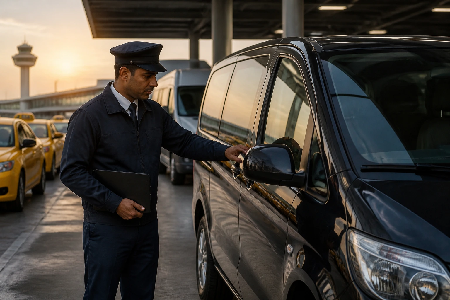 Driver checking a van at a dawn taxi garage, airport/hotel transport setting.