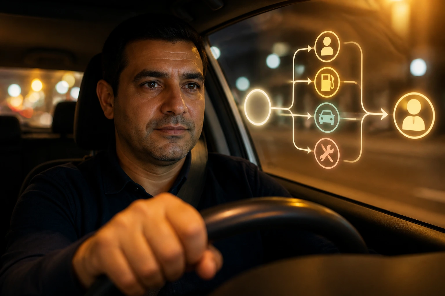Close-up of taxi driver hands on wheel with city lights, implying earnings and deductions without numbers