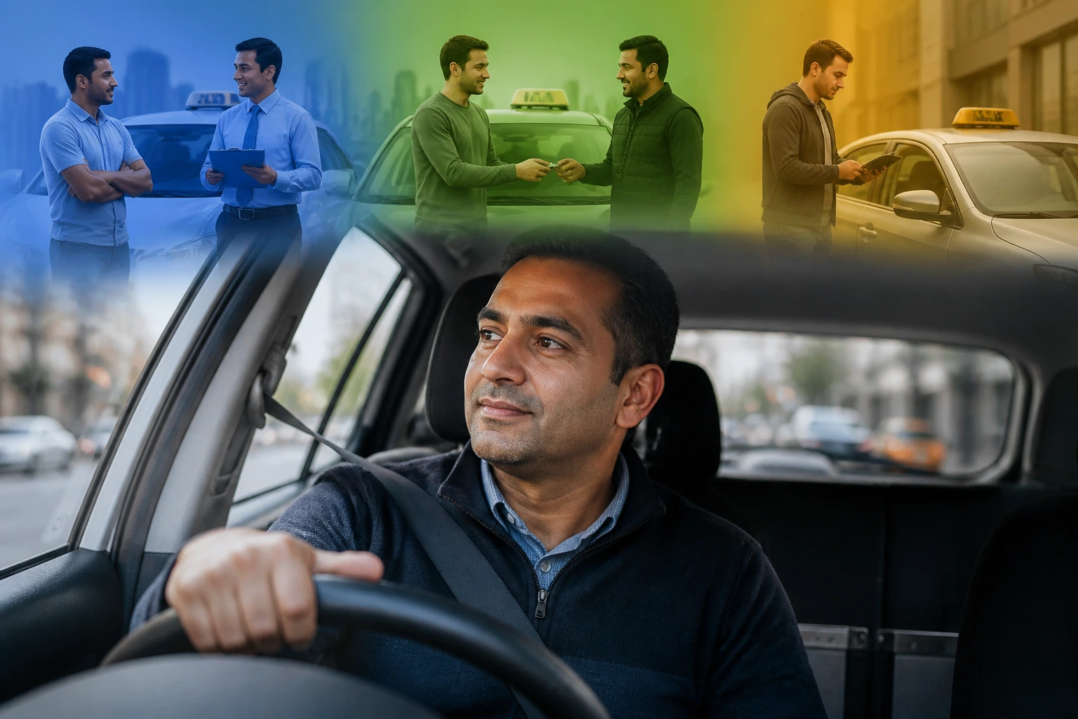 Real taxi driver in cab with background hinting at three work models