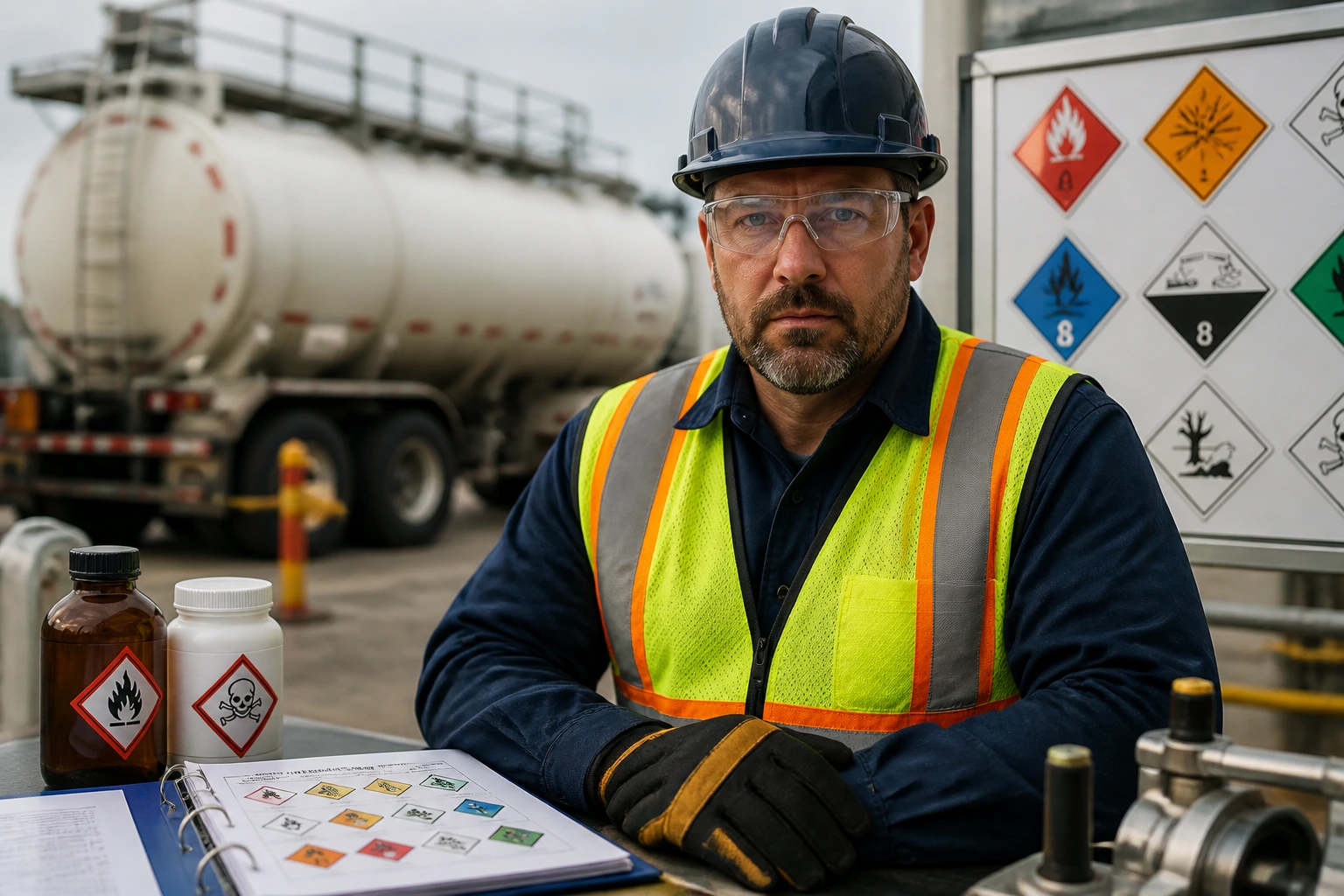 Medium close-up of a tanker driver in safety gear in a training environment.