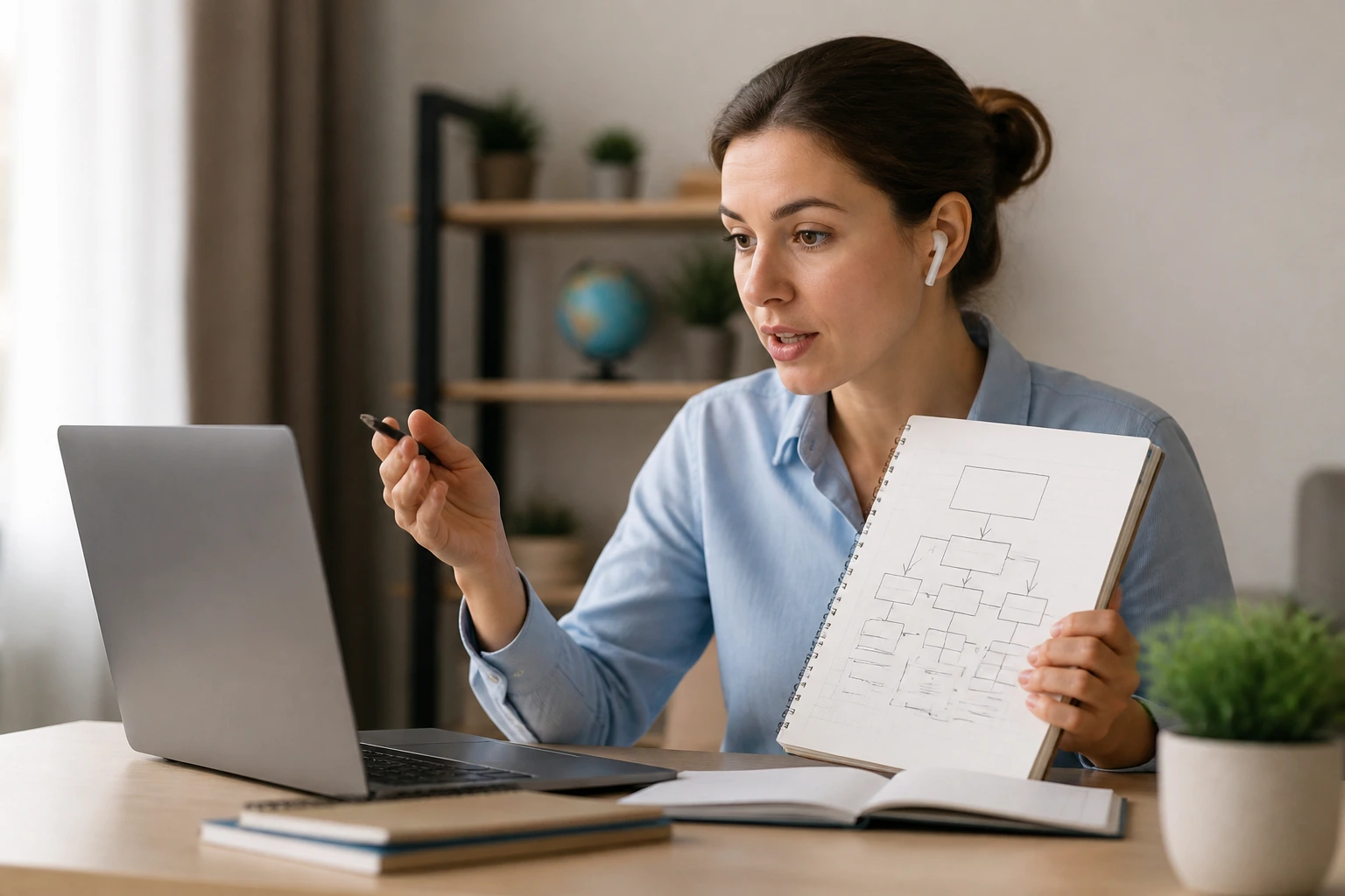 Teacher candidate in home office during online interview demo lesson.
