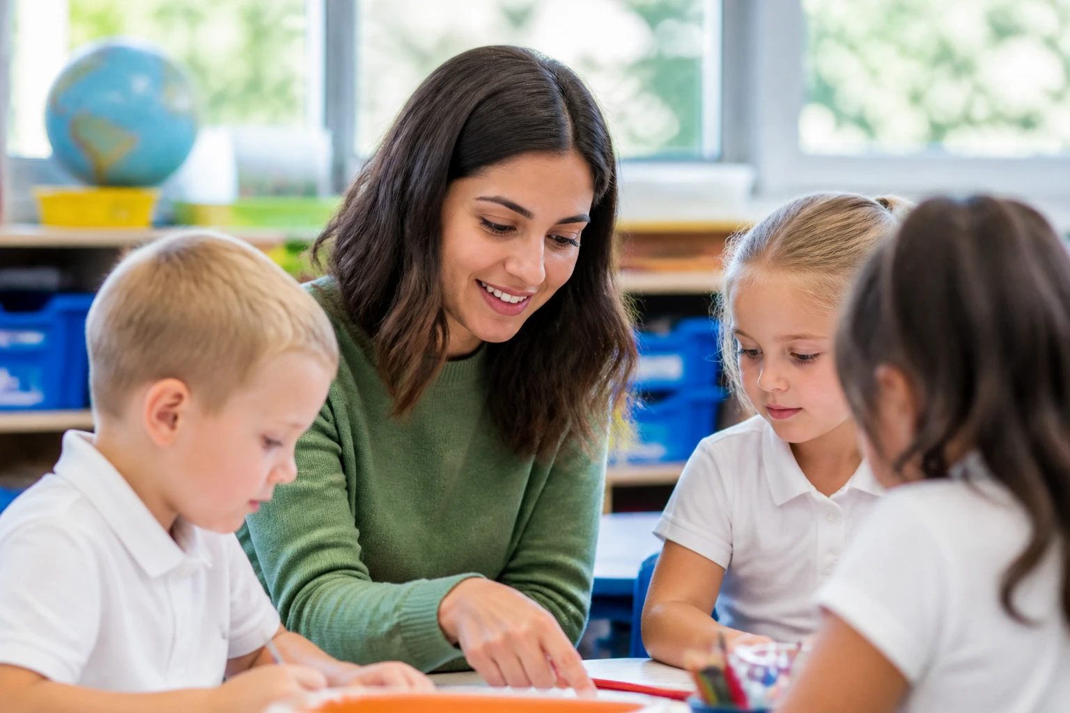 Close-up of a real teaching assistant guiding a small group in a classroom.