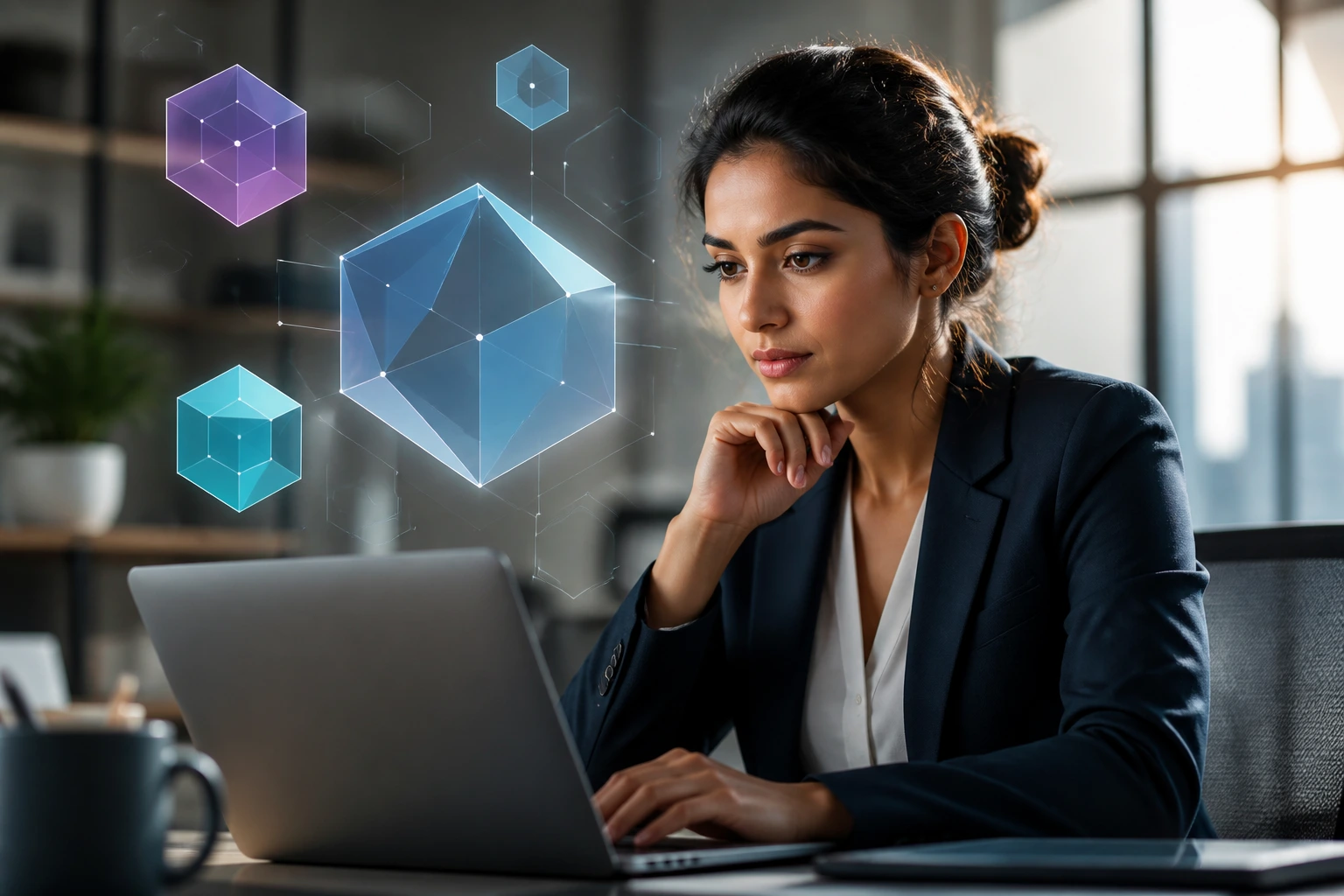Tech professional at desk with abstract shapes behind representing assessment criteria