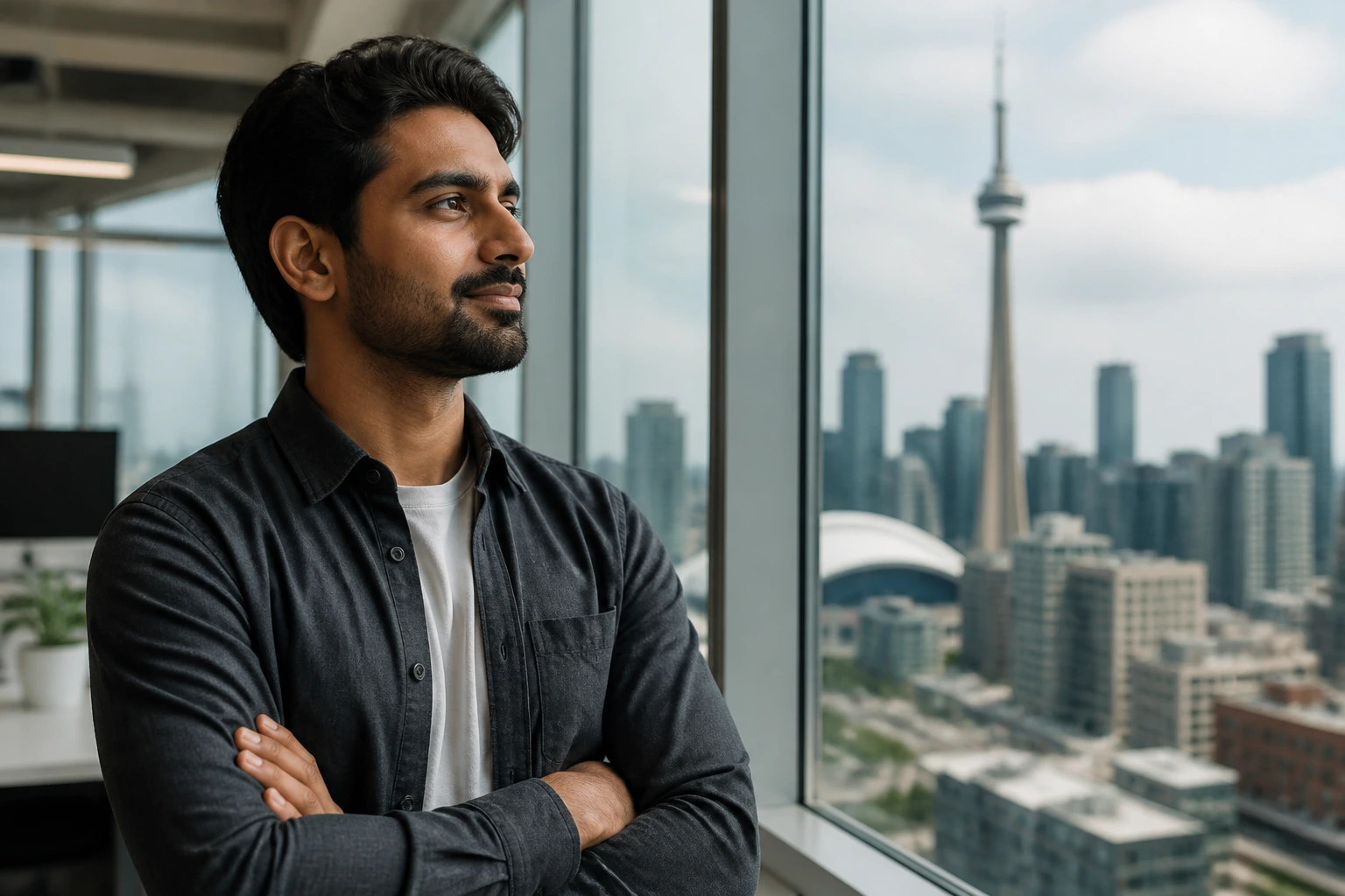 Professional portrait with city skyline visible through window, symbolizing major tech hubs.