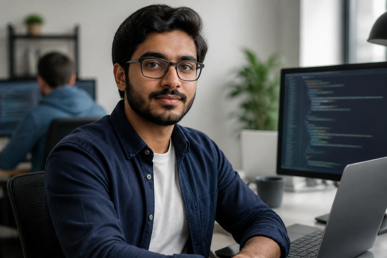 Portrait of software engineer in tech workspace representing international talent industries