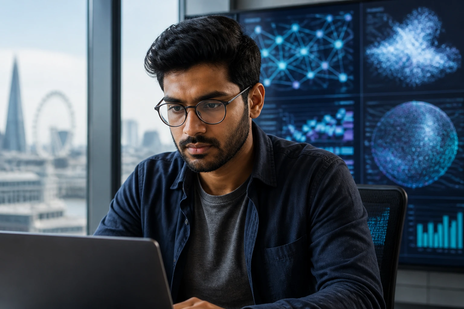 Medium close-up of an AI engineer in a sleek office for Tech Nation endorsement.