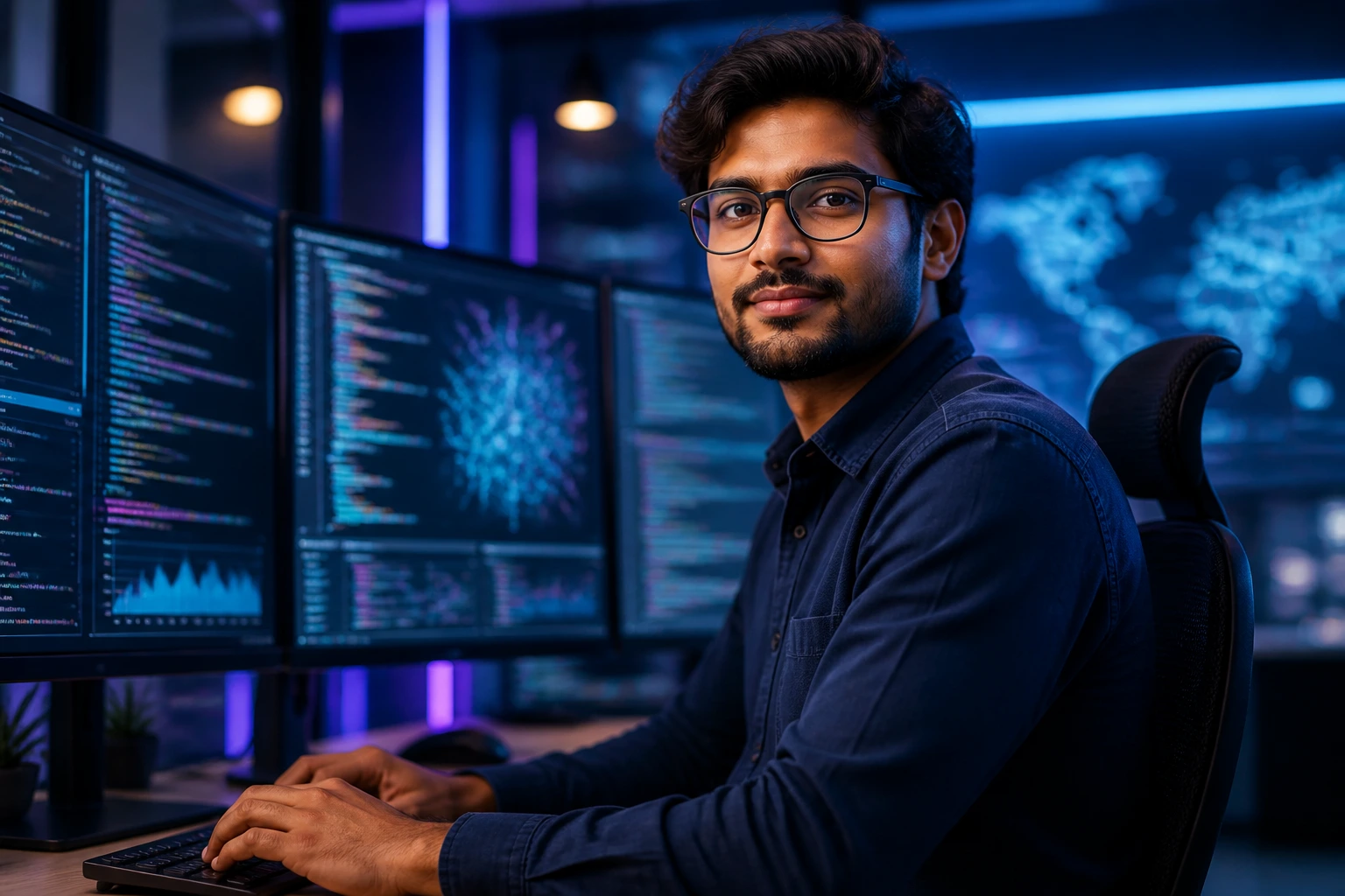 Software engineer at a desk with multiple monitors displaying abstract data patterns