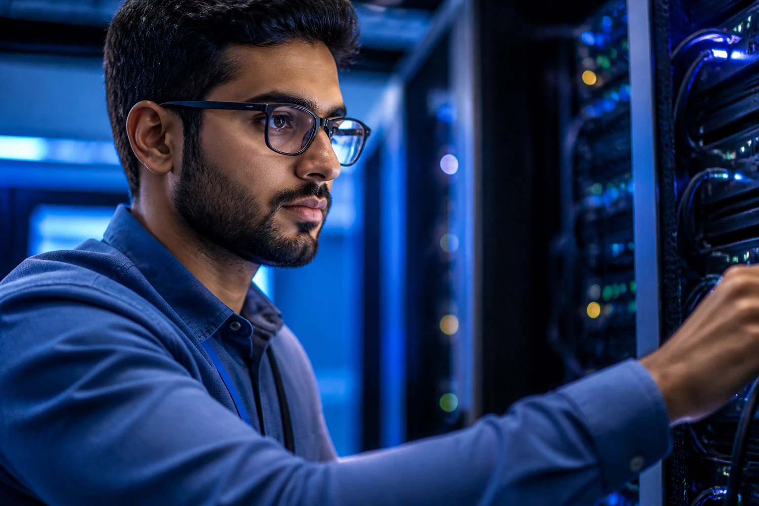 Portrait of a software engineer in a server room, representing sponsorship demand in technology.