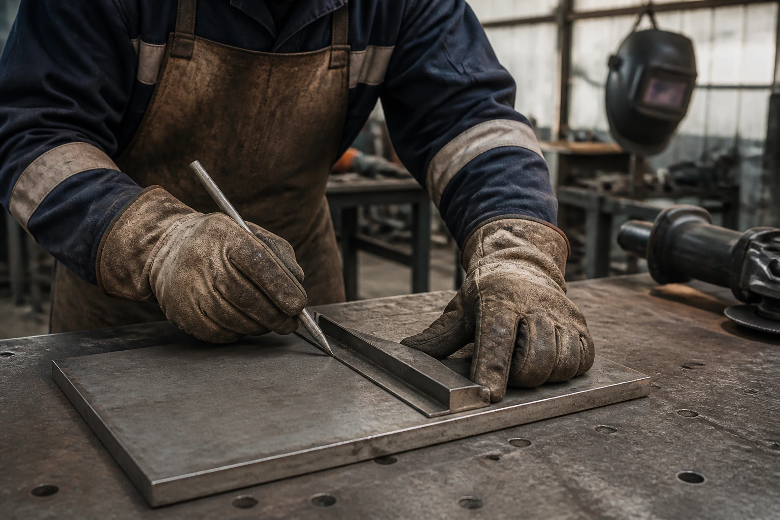 Close-up of gloved hands performing a technical assessment on metal in a workshop