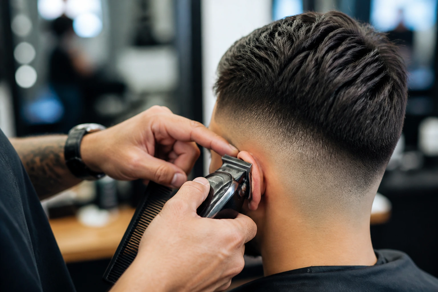 Barber hands performing a skin fade in a bright salon