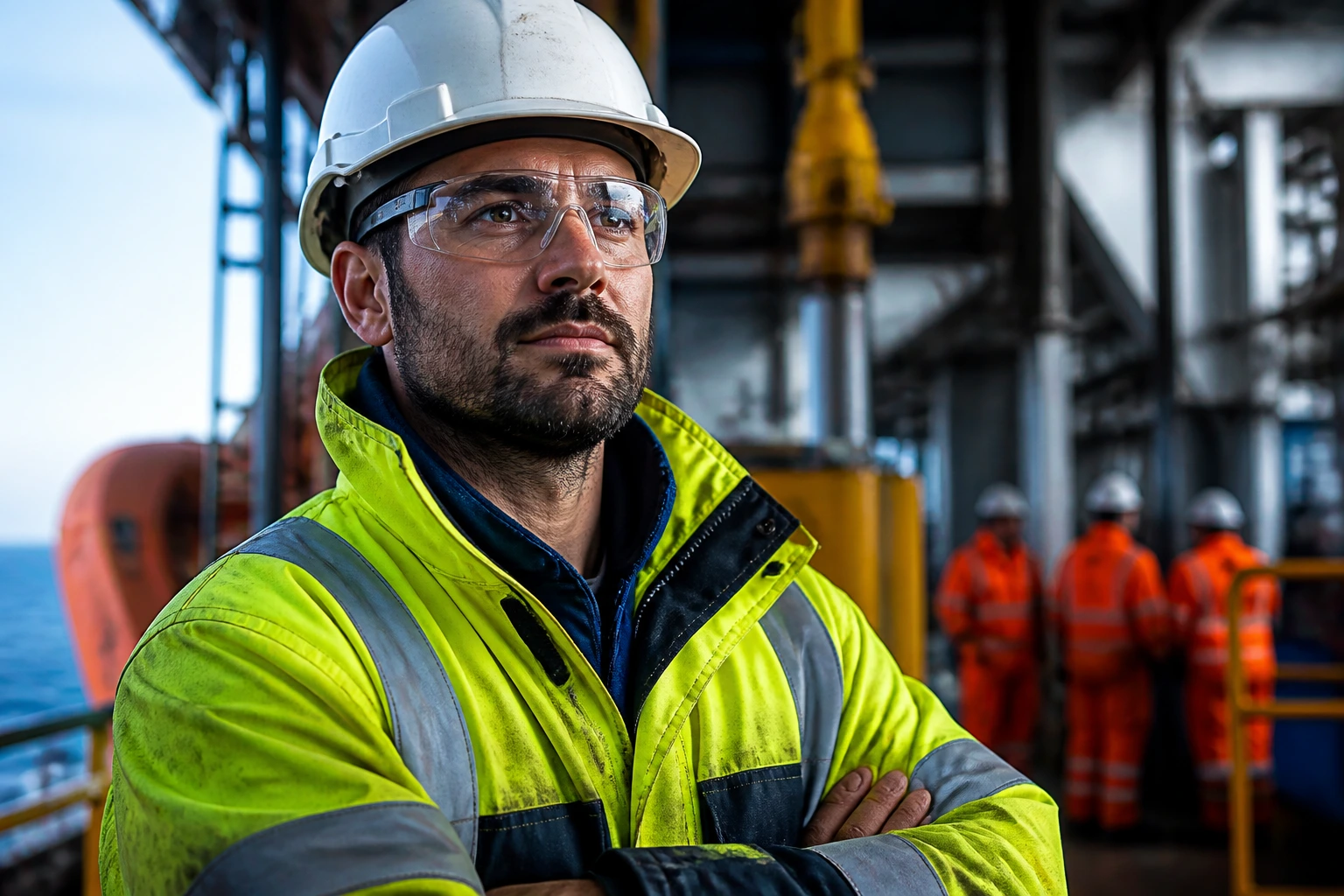 Offshore engineer in safety gear in training environment