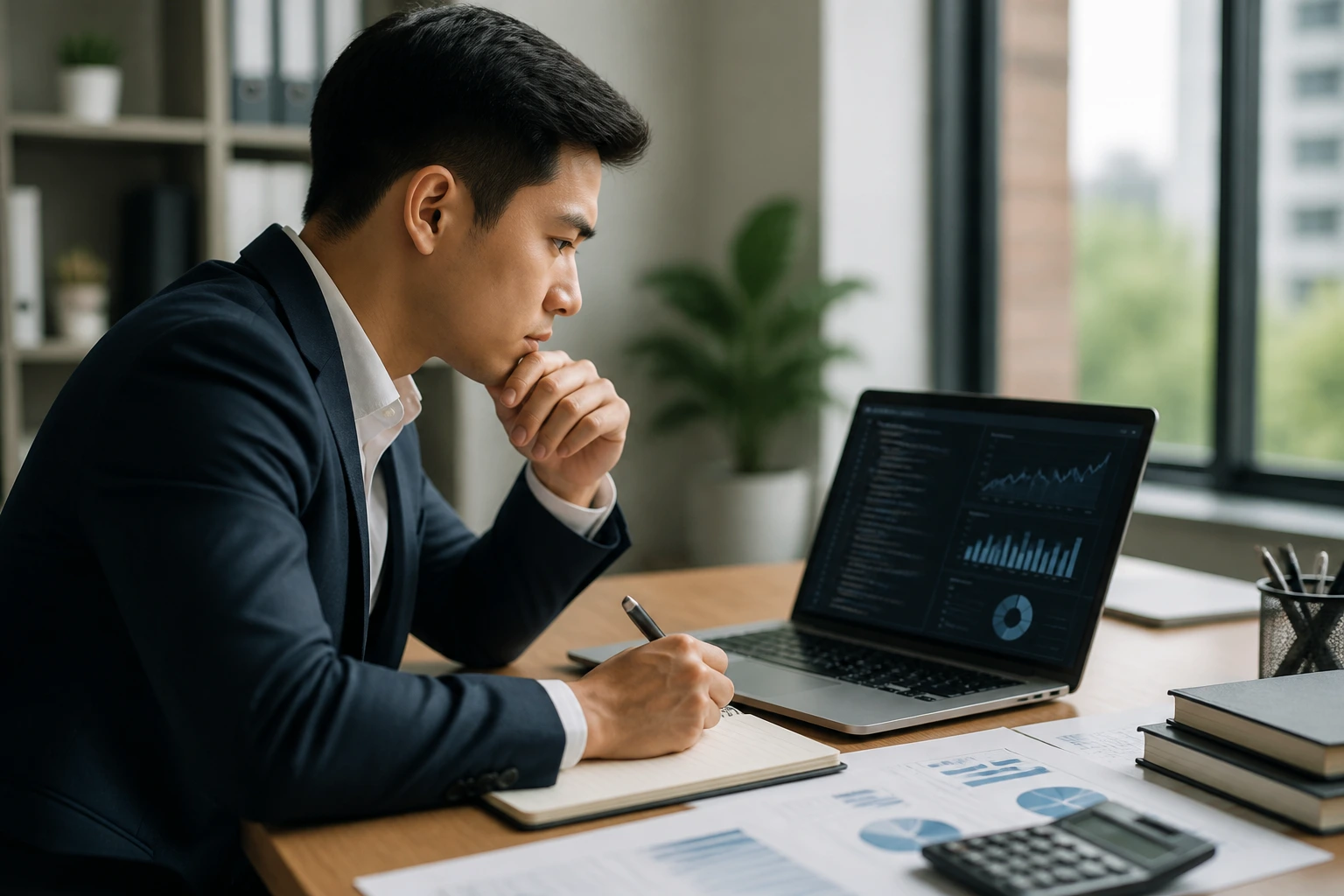 Candidate at desk preparing for technical and behavioral interview with code and graphs on screen