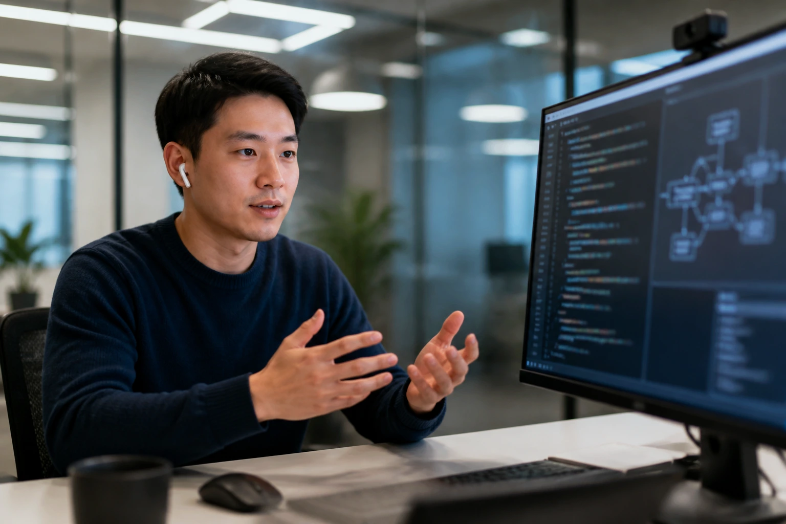 Medium close-up of a candidate during a technical interview in a modern room with code-like visuals on screen